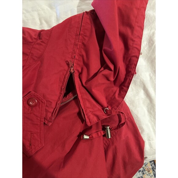 Vintage London Fog Jacket Red Medium Zip Hood Shoulder Pads Buttons Pockets - Picture 14 of 15